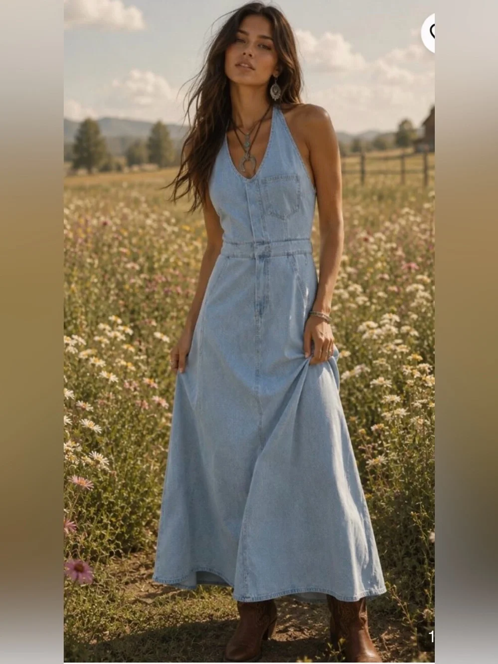 Universal Thread Light Wash Denim Halter Maxi Dress Open Back Pockets Size 12 - Picture 1 of 12